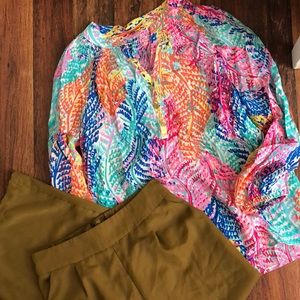 Lilly Pulitzer Colorful Coral Silk Flowy Long Sleeve Top/Blouse